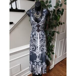 Unity Long Maxi Dress Women's Size XL White & Black Ruffle Scoop Neck Sleeveless